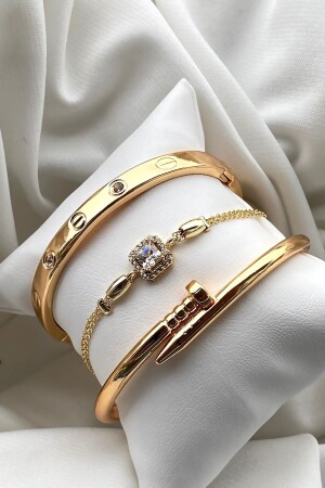 Eid-Special 3-teiliges Goldstein-Handschellen-Nägel- und Stein-verstellbares Armband-Set - 1