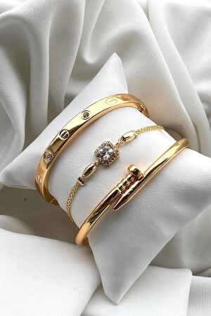 Eid-Special 3-teiliges Goldstein-Handschellen-Nägel- und Stein-verstellbares Armband-Set - 7