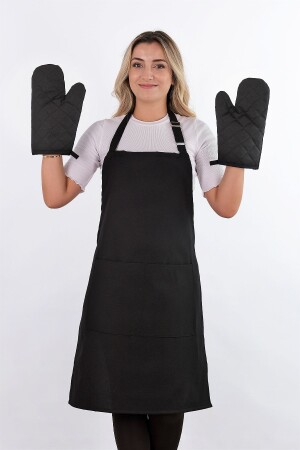 Einfaches Set mit 3 verstellbaren Kleiderbügeln und Taschen, Küchenschürzen-Set (2 Handschuhe), für Chef, Kellner, Café, Barista - 6