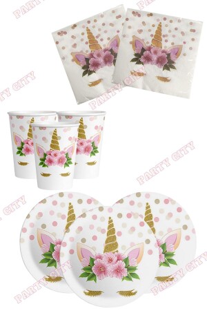 Einhorn-Geburtstags-Teller, Becher, Servietten-Set mit Blumenmotiv für 8 Personen - 1