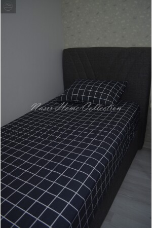 Einzelbett (mittlere Größe), anthrazitfarbenes, kariertes elastisches Laken-Bettbezug-Set, 120 x 200 x 25 cm (versteckter Reißverschluss), K-0120 - 3