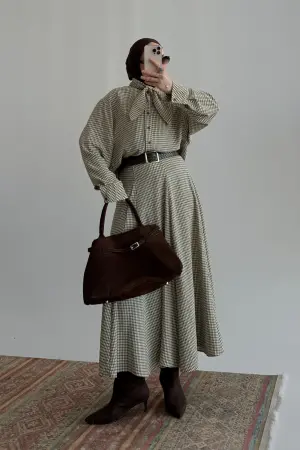 Ekose Fularlı Parçalı Etek Takım Bej-Haki - Nuuwears