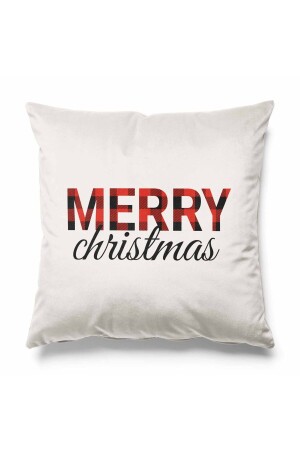 Ekru Zeminde Merry Christmas Desenli Çift Tarafı Baskılı Süet Kırlent Kılıfı Yılbaşı Christmas Noel - Pilloveland