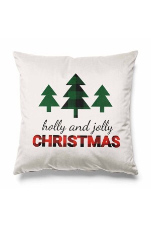 Ekru Zeminde Yeşil Holly Jolly Desenli Çift Tarafı Baskılı Kırlent Kılıfı Yılbaşı Christmas Noel - Pilloveland