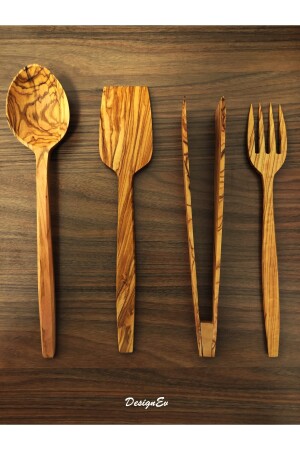 El Işçiliği Doğal Zeytin Ağacı Tahta Kaşık , Çatal, Spatula, Maşa 4'lü Mutfak Seti ZEYMUT4SET - 3