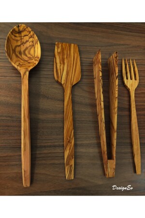 El Işçiliği Doğal Zeytin Ağacı Tahta Kaşık , Çatal, Spatula, Maşa 4'lü Mutfak Seti ZEYMUT4SET - 4