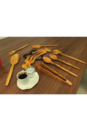 El Işçiliği Doğal Zeytin Ağacı Tahta Kaşık , Çatal, Spatula, Maşa 4'lü Mutfak Seti ZEYMUT4SET - 5