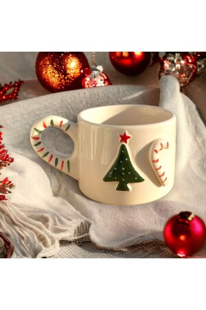 El Yapımı Seramik Kupa Candy Cane Kış Yılbaşı Noel Çam Ağaçlı Çay Kahve Fincanı Mug Hediyelik Çeyiz - 2