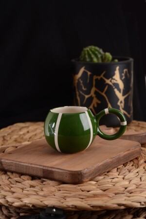 El Yapımı Seramik Kupa Fincan Bardak Mug Yeşil Beyaz Çizgili - Veraev
