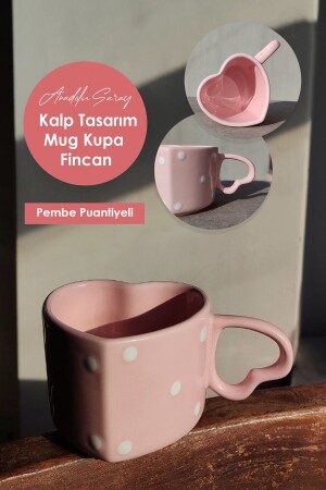 El Yapımı Seramik Pembe Puantiyeli Kalp Tasarım Mug Kupa Fincan Mug Fincan Kupa Kahve Kupası - 2