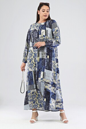 Elbise Tesettur Boydan Viskon Plus Size Elbise Indigo 8408sevimG2 - Ferace