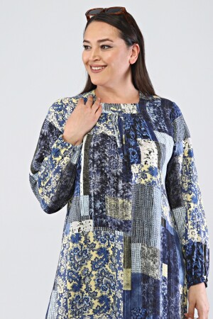 Elbise Tesettur Boydan Viskon Plus Size Elbise Indigo 8408sevimG2 - 4