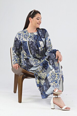 Elbise Tesettur Boydan Viskon Plus Size Elbise Indigo 8408sevimG2 - 8