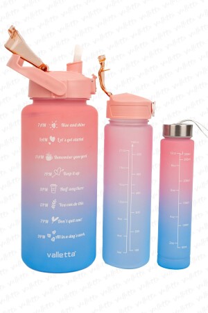 Eldorado 3lü Set BPA İçermez Motivasyonel Su Matarası Pembe-Mavi Su Matarası-Su Şişesi - 2