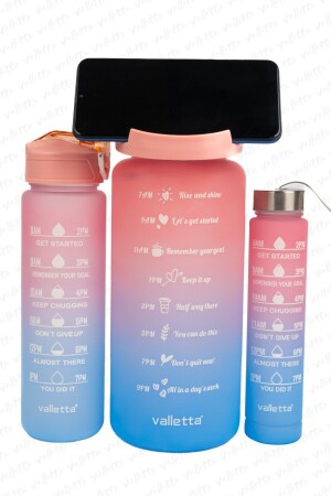 Eldorado 3lü Set BPA İçermez Motivasyonel Su Matarası Pembe-Mavi Su Matarası-Su Şişesi - 3