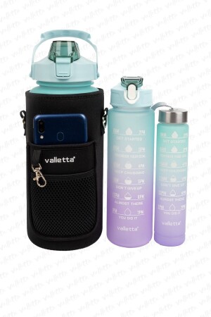 Eldorado 3lü Set ÇANTALI BPA İçermez Motivasyonel Su Matarası Yeşil Su Matarası-Su Şişesi - 1