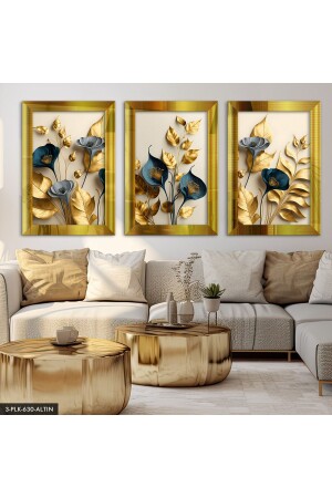 Elegantes 3-teiliges Plexiglas-Spiegelgemälde mit goldenen und blauen Blumen - 1