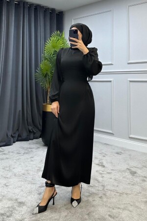 Elenor Hijab-Kleid aus Satin mit Taillenschnürung, Schwarz - 1