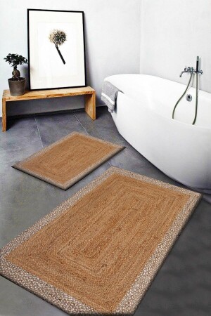 Else Brown Wicker Look Pattern Waschbare rutschfeste Badezimmermatte 2-teiliges WC-Set Teppich Dts-32 elsedotoscft32 - 1