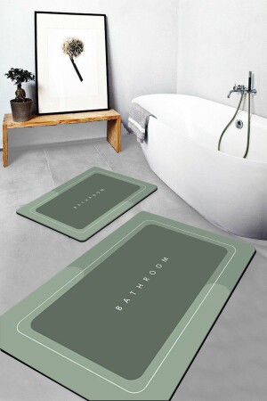 Else Green Bathroom Written Patterned Waschbare rutschfeste Unterseite 2-teiliger Badezimmerteppich, Matte und WC-Set elserescift - 1