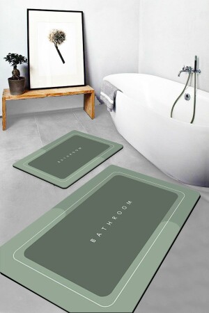 Else Green Bathroom Written Patterned Waschbare rutschfeste Unterseite 2-teiliger Badezimmerteppich, Matte und WC-Set elserescift - 3