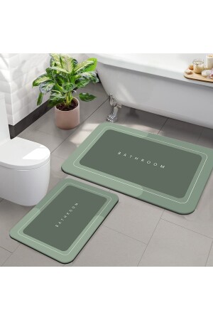 Else Green Bathroom Written Patterned Waschbare rutschfeste Unterseite 2-teiliger Badezimmerteppich, Matte und WC-Set elserescift - 4