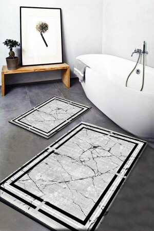 Else Grey Black Marble Patterned Waschbare rutschfeste Badezimmermatte 2-teiliges WC-Set Teppich Dts-17 elsedotoscft17 - 2