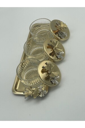Elysia Gold 3-teilige Snackschale, Präsentationsschale, Gewürzschale, Eisschale, Leckerlischale, rechteckige Glasschale mit Tablett MZÇRZ33 - 2