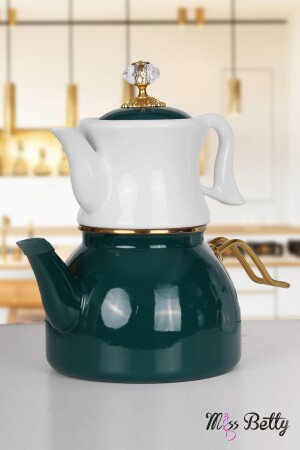 Emaye Çaydanlık Porselen Demlikli Koyu Yeşil Dufy - 2