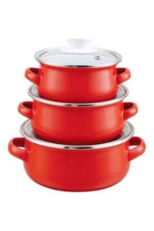 MNZ-Enamel Mini 3-piece saucepan Set 12/14/16 سم حمراء 121416 - Ebru Metal