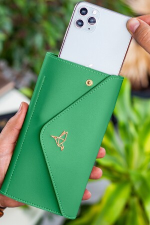 Envelope Telefon Ve Bozuk Para Bölmeli Zarf Model Yeşil Kadın Cüzdan - 1