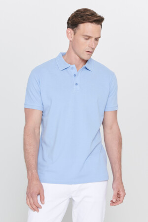 Erkek Açık Mavi %100 Pamuk Kıvrılmaz Yaka Slim Fit Dar Kesim Polo Yaka Kısa Kollu Tişört - 1