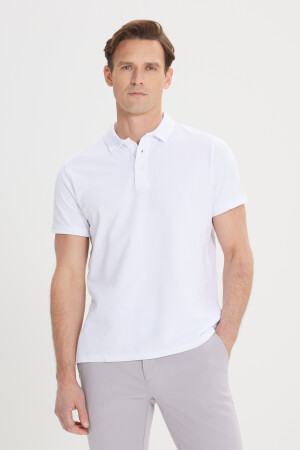 Erkek Beyaz %100 Pamuk Kıvrılmaz Yaka Slim Fit Dar Kesim Polo Yaka Kısa Kollu Tişört - 1