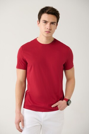 Erkek Bordo %100 Pamuk Nefes Alan Bisiklet Yaka Regular Fit T-shirt E001000 - 1