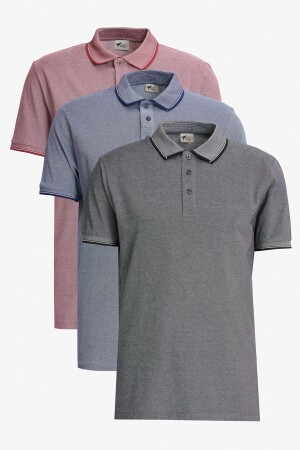 Erkek Bordo-Açık Siyah-Açık Lacivert 3'lü Çekmeyen Pamuklu Slim Fit Kıvrılmaz Polo Yaka Tişört - 1