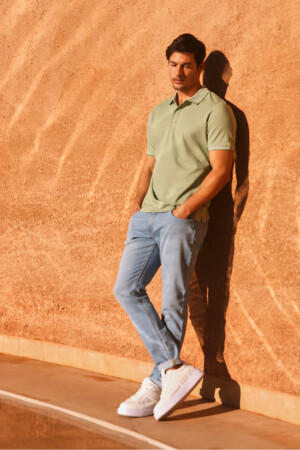 Erkek Çekmeyen Pamuklu Kumaş Slim Fit Dar Kesim Yeşil Kıvrılmaz Polo Yaka Tişört - Ac&Co / Altınyıldız Classics