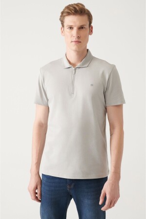 Erkek Gri %100 Pamuk Fermuarlı Regular Fit Polo Yaka T-shirt E001034 - 1