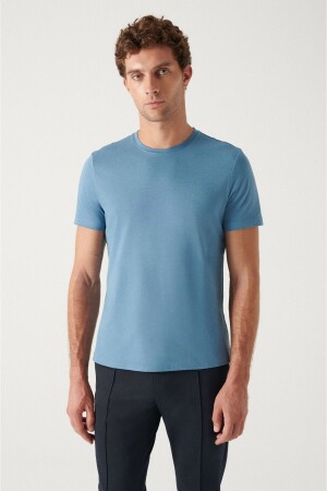 Erkek Indigo %100 Pamuk Nefes Alan Bisiklet Yaka Regular Fit T-shirt E001000 - 1