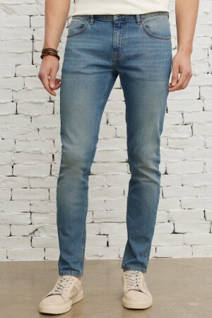 Erkek Petrol Mavisi Ekstra Slim Fit Dar Kesim Pamuklu Esnek Rıss Jean Kot Denim Pantolon - 1