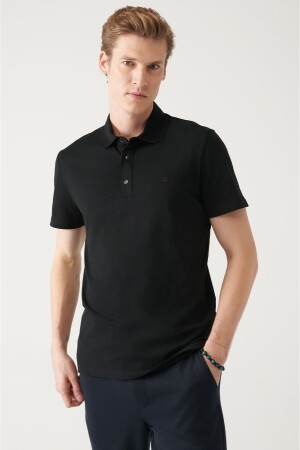 Erkek Siyah %100 Pamuk Örme Regular Fit 3 Çıt Çıtlı Polo Yaka T-shirt E001033 - 1