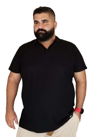 Erkek Siyah Büyük Beden Polo Yaka Cepsiz T-shirt - 1