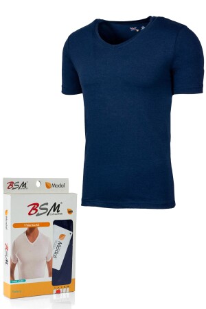 Erkek V Yaka Modal Pamuklu Lacivert Body T-shirt - 1