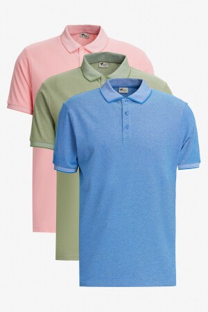 Erkek Yeşil-Açık Pembe-Saks 3'lü Çekmeyen Pamuklu Slim Fit Dar Kesim Kıvrılmaz Polo Yaka Tişört - 1