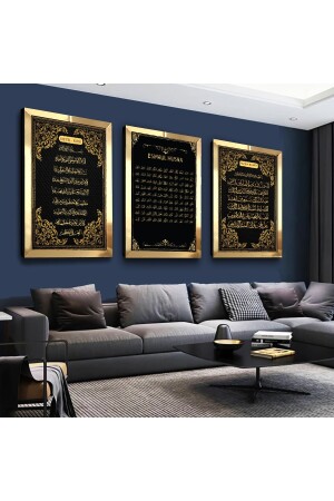 Esmaül Hüsna, Ayetel Kürsi, Fatiha Süresi Dini Gold Pleksi Kenar 3'lü Mdf Tablo Seti ZMDTMP-23 - Zevahir Mobilya Dekorasyon