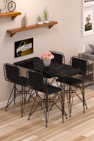 Esstisch-Set, Küchentisch, 4-teilig, Drahtstühle mit Rückenkissen, 1-teiliger Tisch 60 x 120, dünn, schwarz mit schwarzen Kissen - 1