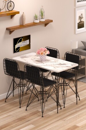 Esstisch-Set, Küchentisch mit Rückenkissen, 4 Drahtstühle, 1 Stück, Tisch 60 x 120, weißgrauer CSR-weißer Marmor mit Kissen - 1