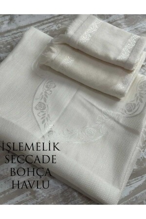 ETAMİN İŞLEMELİK SECCADE BOHÇA VE HAVLU . İŞLEMELİK SECCADE BOHÇA VE HAVLU 4 LÜ SET TAM TAKIM . - Hmz