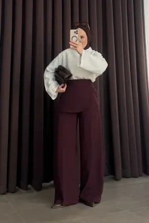 Etek Detaylı Klasik Kumaş Pantolon Bordo - Nuuwears