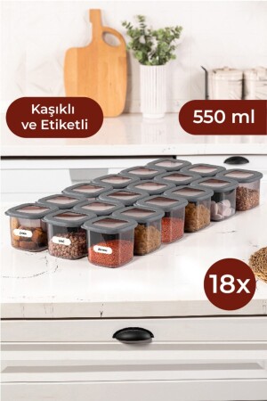 Etiketli Kaşıklı Foly Kare Erzak Saklama Kabı Seti 18li 0,55 Küçük Boy Antrasit 18LI-055 - 2