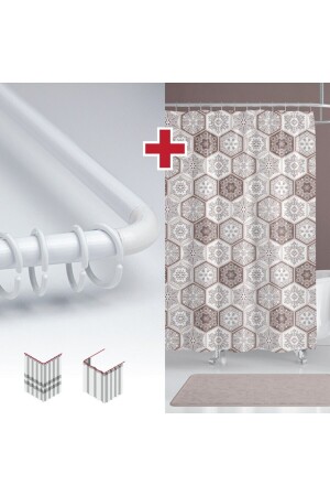 Etnik Desen Banyo Perdesi Askı Hediyeli 180x200cm Tek Kanat Kahverengi Duş Perdesi- L Boru Hediyeli - Tropikhome